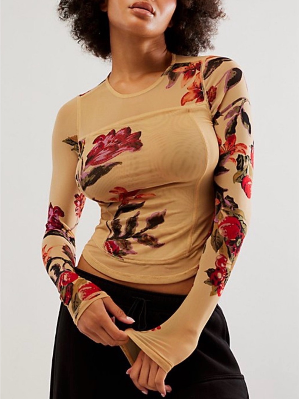 Free People Bettys Garden Tan Mesh Sheer Floral Long Sleeve Top Small